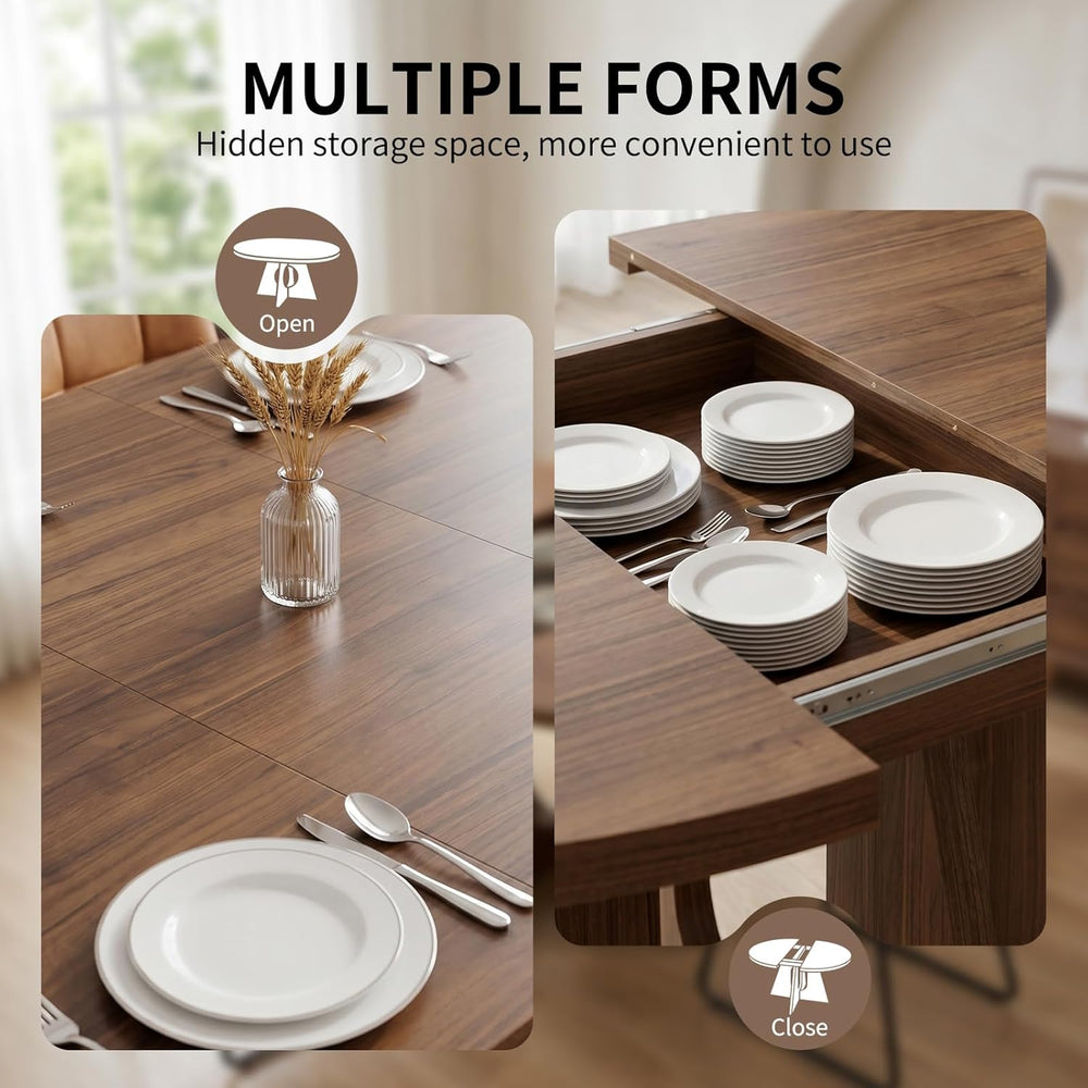 HIPIHOM 43.3"-59" Expandable Round Dining Table, Modern Walnut Kitc...