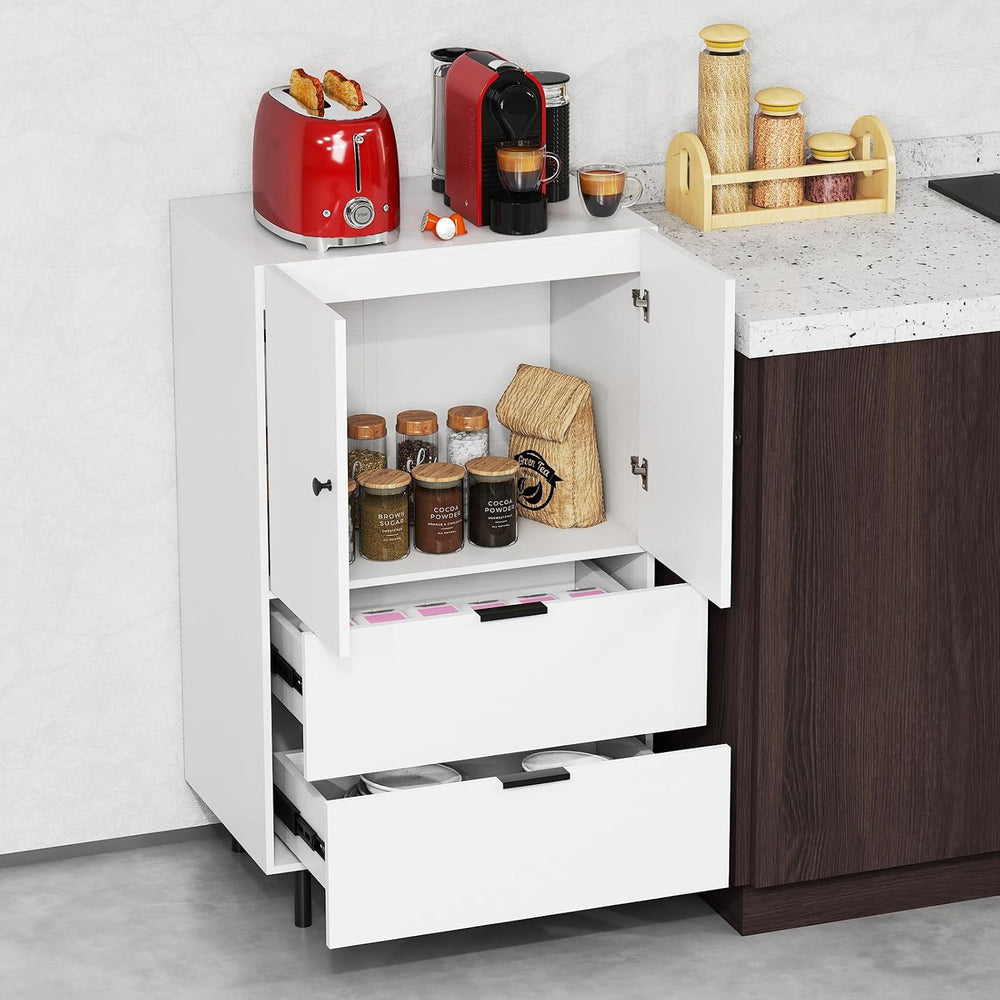 LOKO Buffet Cabinet with 2 Drawers, 2-Door Serving Cupboard with Raised Metal...