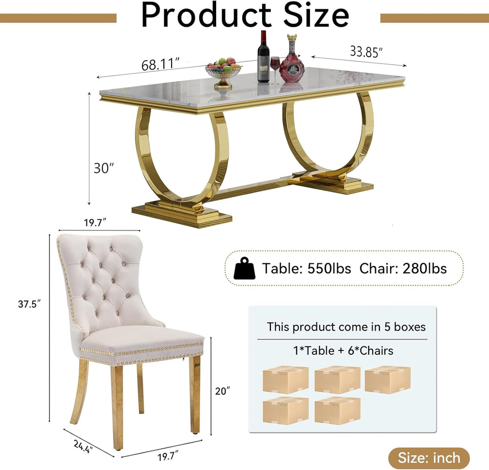 7 Piece Dining Table Set, White Faux Marble Dining Table with 6 Beige Velvet ...