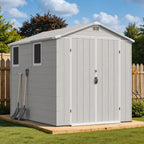Devoko 6x8 FT Plastic Storage Shed, Outdoor Resin Garden Shed with Floor, Waterproof Tool Storage Shed with Lockable Door and Window for Patio, Garden, Backyard, Light Gray