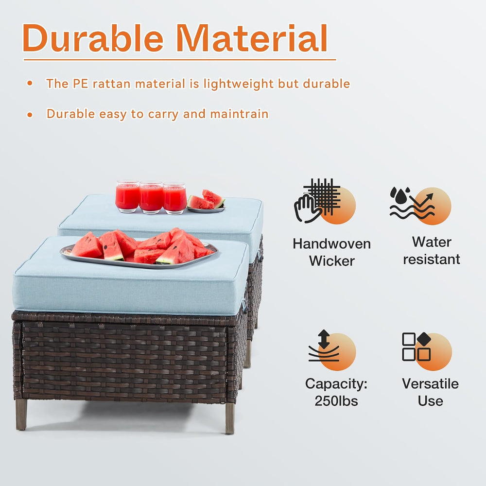 Patio Ottoman Set of 2, All Weather Outdoor Rattan Ottomans Patio Footstools ...
