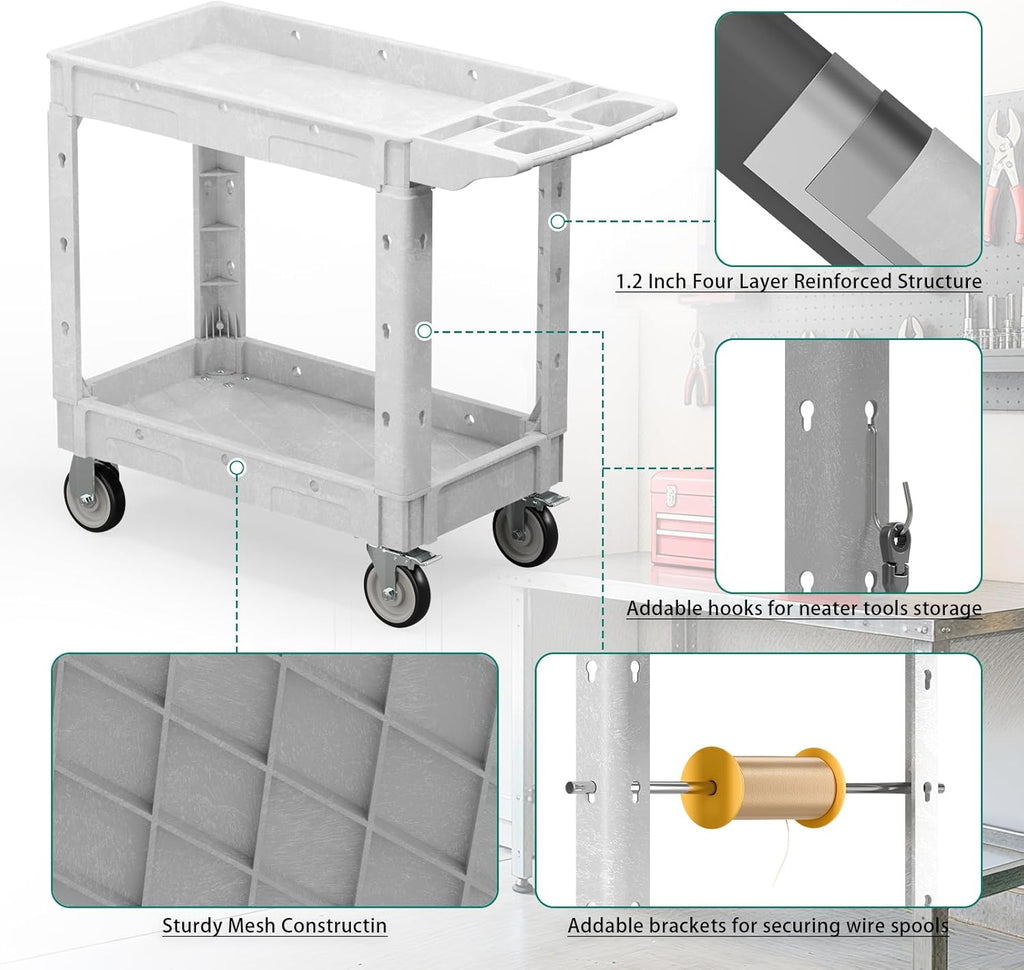 Heavy Duty Utility Rolling Tool Cart, 550 lbs Capacity Plastic Rolling Carts with 360°Swivel Wheels, 40 x 17 Inch Service Cart, 2 Shelf Work Cart for Warehouse,Garage, Cleaning, Grey
