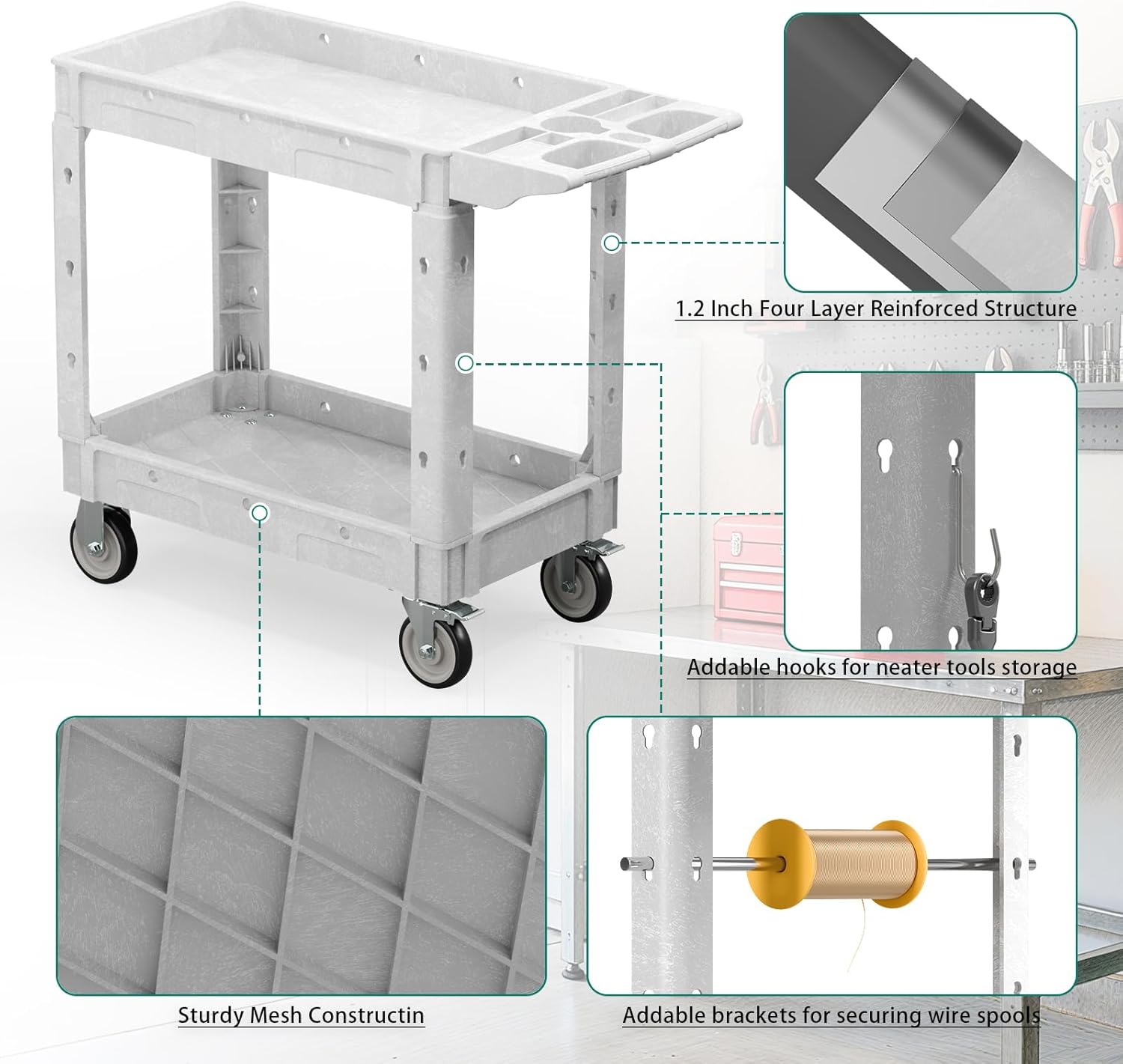 Heavy Duty Utility Rolling Tool Cart, 550 lbs Capacity Plastic Rolling Carts with 360°Swivel Wheels, 40 x 17 Inch Service Cart, 2 Shelf Work Cart for Warehouse,Garage, Cleaning, Grey