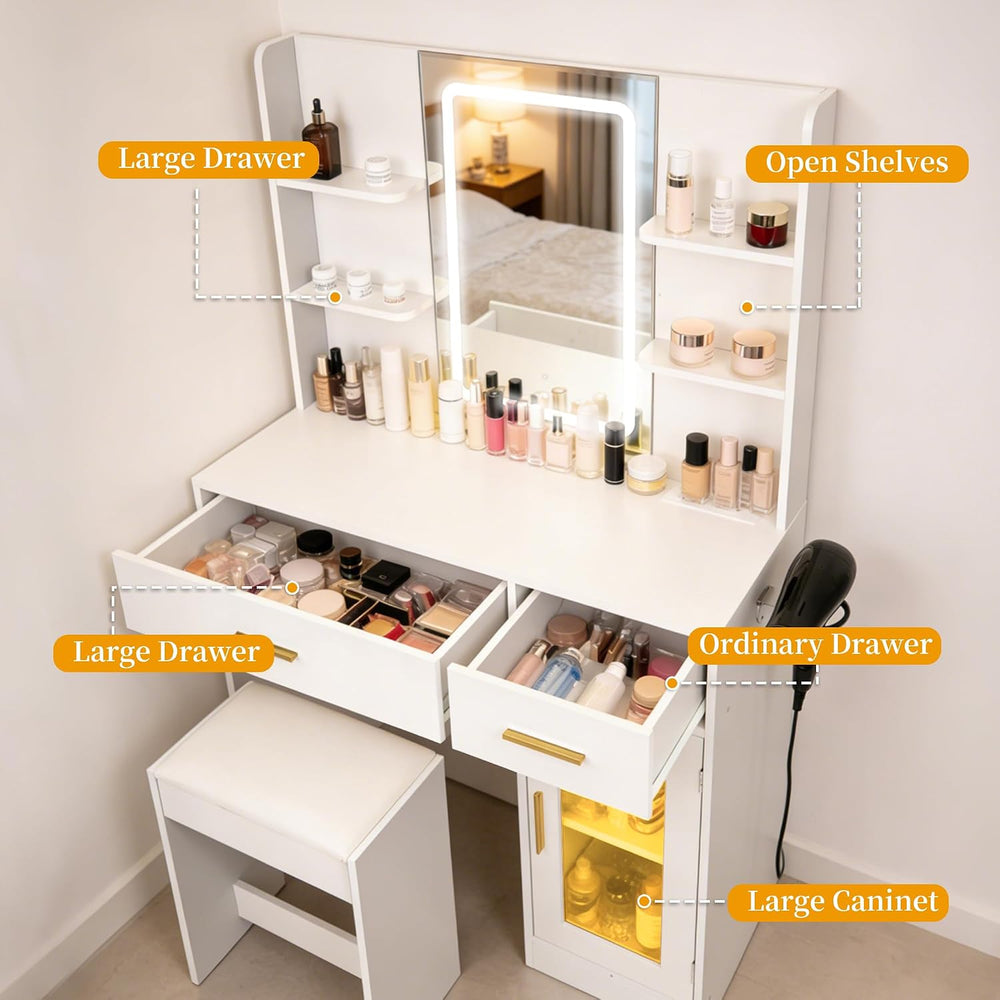 White LED Vanity Table with Three-Color Adjustable Light HD Mirror, USB Charg...