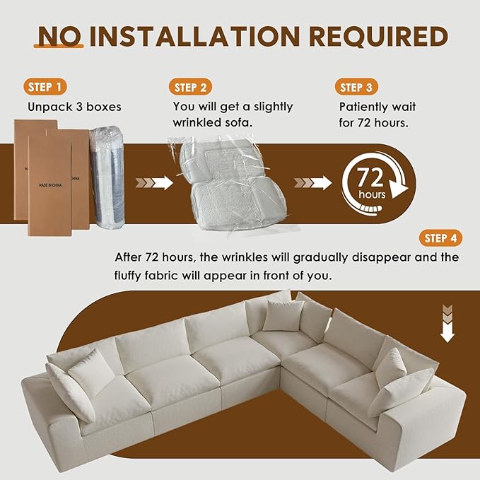 130" Oversized Boneless Cloud Couch, Modular Sectional Couches for Living Room, U Shaped with Deep Seats, No Assembly Required, 6 Seater Washable Fabric Sleeper Sofa, White