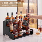 Mufico Bamboo Liquor Bottle Display Shelf with Handles & Guardrail, Black | 3 Step Tabletop Liquor Wine Racks, Coffee Syrup Rack for Mini Bar, Kitchen, Home Retro, Liquor Cabinet, Office, Spirits