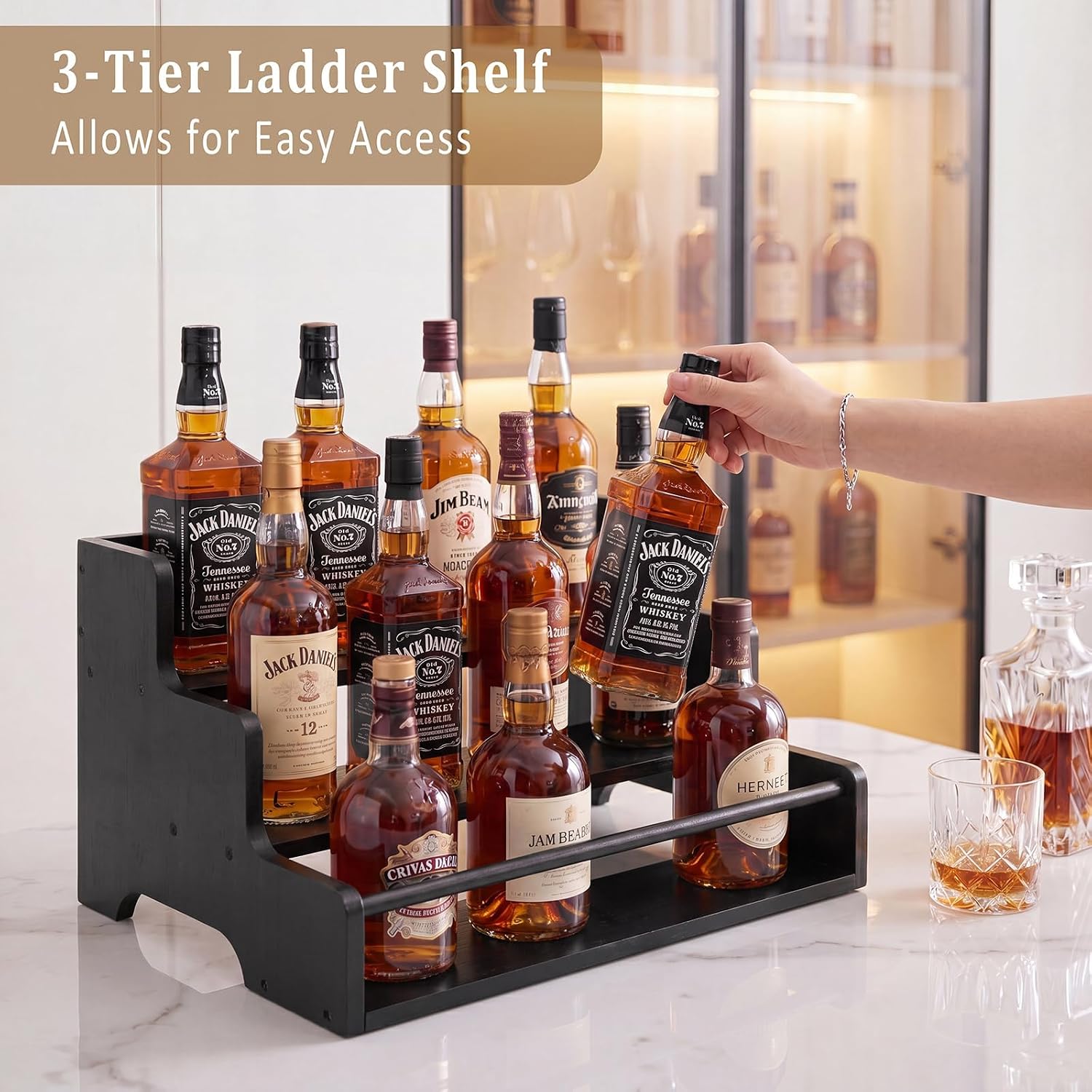 Mufico Bamboo Liquor Bottle Display Shelf with Handles & Guardrail, Black | 3 Step Tabletop Liquor Wine Racks, Coffee Syrup Rack for Mini Bar, Kitchen, Home Retro, Liquor Cabinet, Office, Spirits