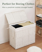 Laundry Hamper with Lid Laundry Basket 132 L (35 Gal) Wicker Clothes Hamper, Handwoven Rattan Hamper with Handles and 4 Removable Liner Bags, 6 Mesh Bags for Laundry Bedroom White