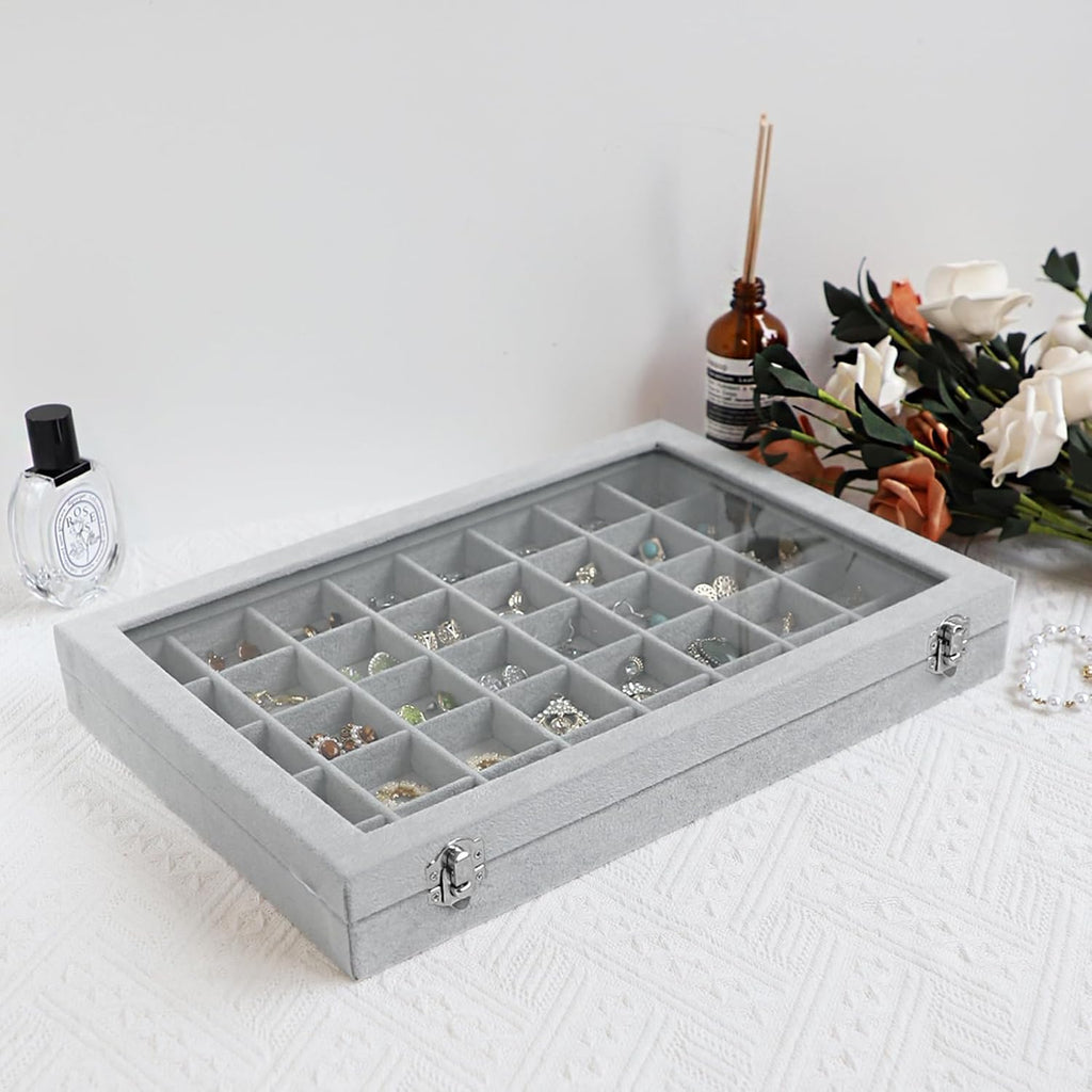 Wudygirl Jewelry Organizer Velvet Jewelry Box 40 Grid Earring Holder Organizer with Lid Ring Holder Ring Display Case Adjustable (Gray)