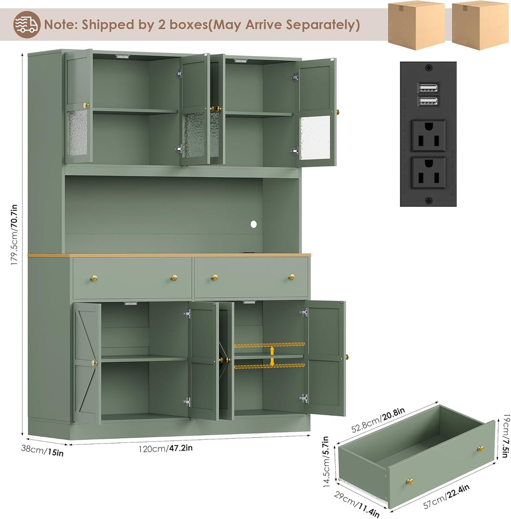 FINETONES 71" Pantry Cabinet with LED Light and Charging Station, Farmho...