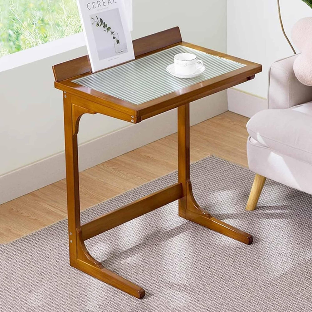 C Shaped End Table with Glass Top, Bamboo Sofa Side Table, Laptop Desk, Snack...