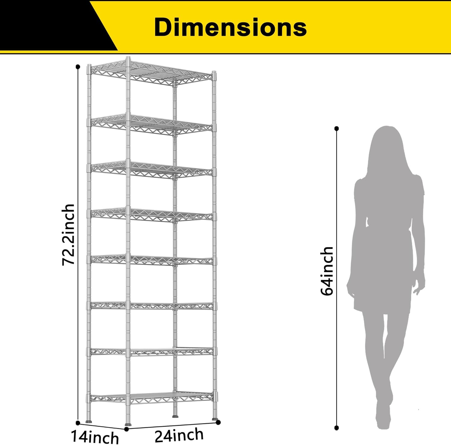 GIOTORENT 8-Wire Garage Shelving Storage Shelves, Kitchen Storage Adjustable Shelf, Metal Shelves 1600Lbs Capacity 24" W x 14" D x 72.2" H for Laundry Bathroom Pantry Closet, Silver