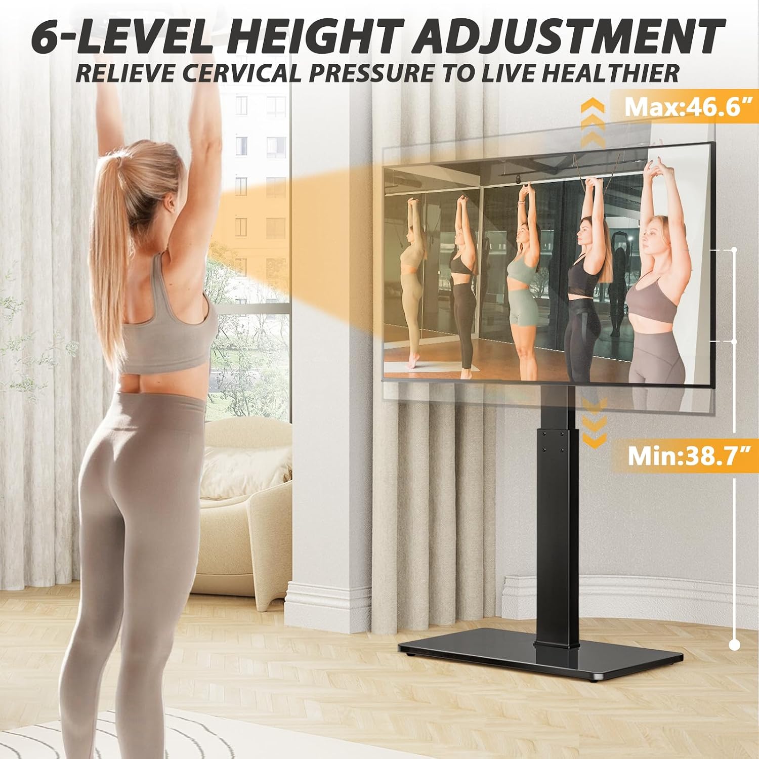 TAVR Swivel Floor TV Stand Base for 32-75 Inch TVs up to 110 lbs | Tall TV Stand for Bedroom with Height Adjustment and Tempered Glass Base for Media Storage, Max VESA 400x400mm, Black
