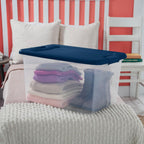 Sterilite 18-Pack Color Program, Large Clear Plastic Storage Bins with Lids, 64 Quart, Blue - Stackable Organizing Container Boxes for Closet, Bathroom, and Office
