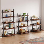 5-Tier Solid Wood Ladder Bookshelf with Natural Live Edge | Rustic Walnut Storage & Display Leaning Bookcase, Modern Space-Saving Shelf for Living Room, Bedroom, Home Office