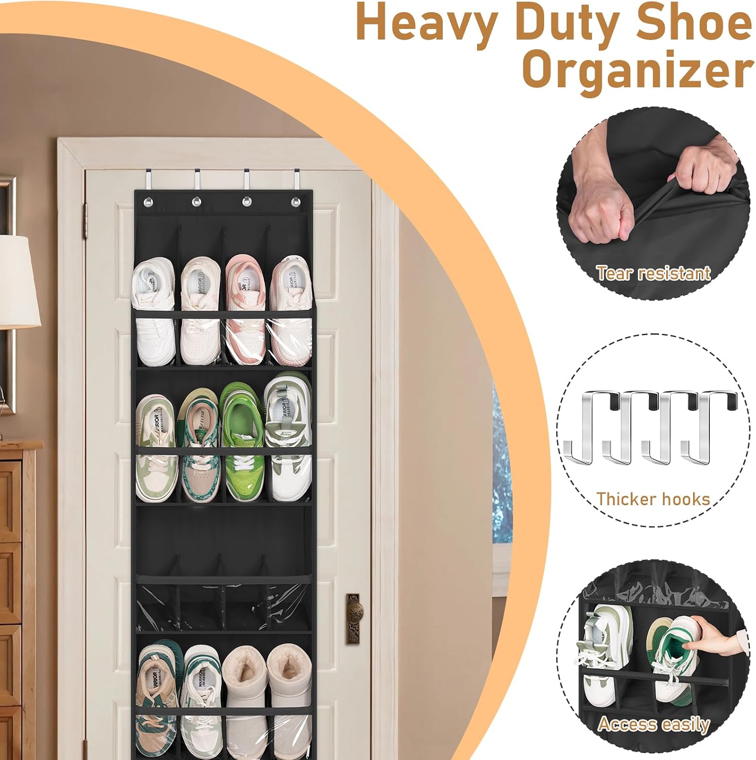 MISSLO 20 Pairs Over the Door Shoe Organizer for Closet Narrow Hanging Shoe Rack for Door Hanger Deep Pocket Door Shoe Holder Storage for Boots, Size 13 Sneakers, Black