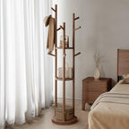 Muwuele Solid Wood Rotary Coat Rack, Freestanding Coat Rack with 3 Shelves and 9 Hooks, Coat tree for Bedroom, Entryway, Livingroom, Coat Hanger Stand for Coats, Scarves, Handbags (Walnut)