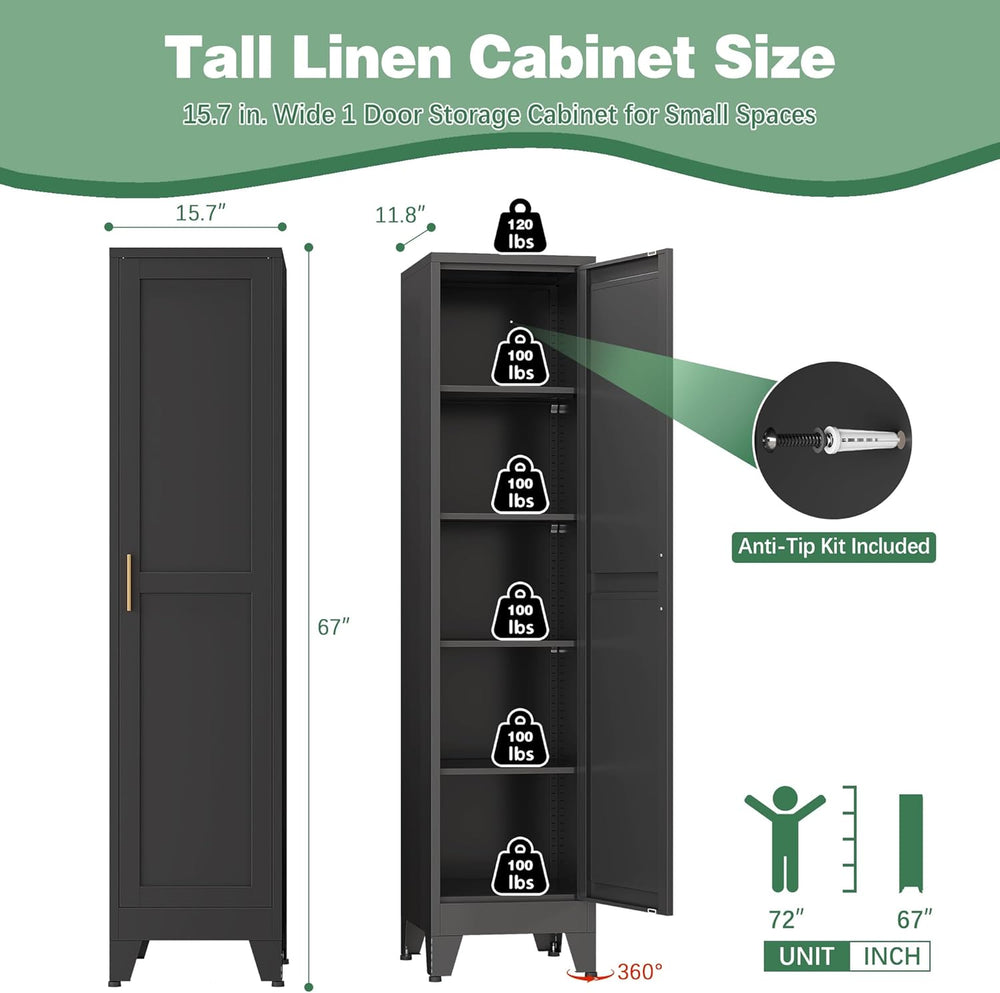 Bevivog Tall Narrow Storage Cabinet, 67" Single Door Metal Storage Locke...