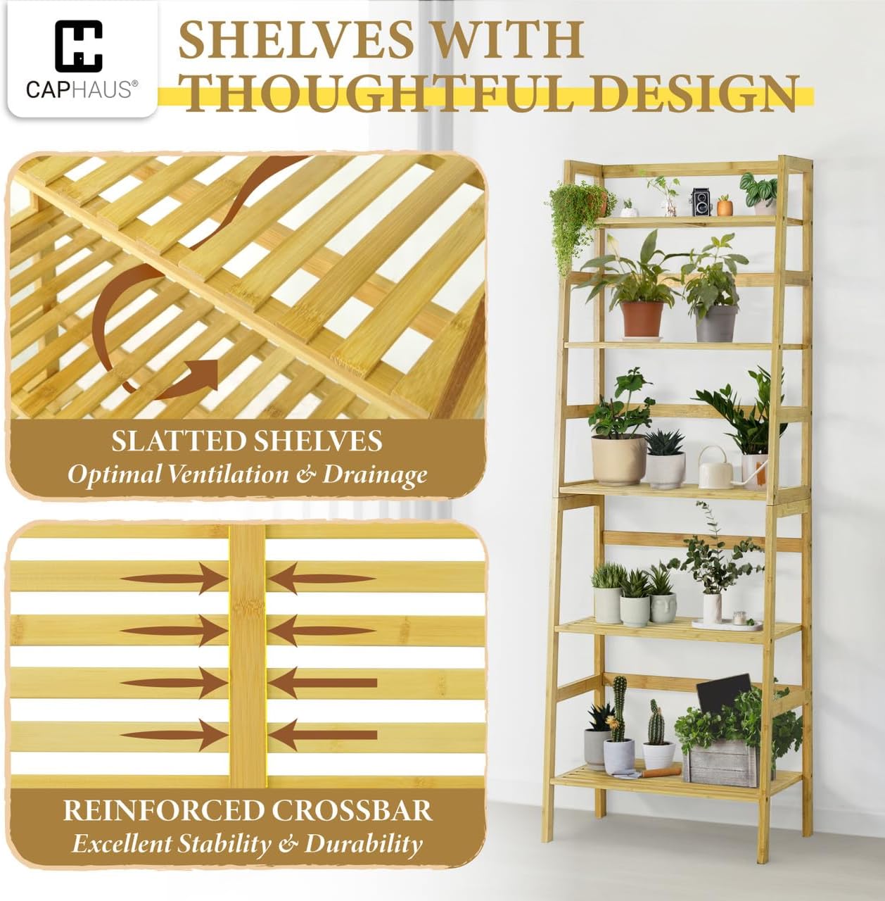 CAPHAUS Bookshelf, 5-Tier Bookcase, Tall Ladder Shelf with Bamboo Frame,Freestanding Storage Shelves Display Rack, for Living Room,Home Office,Bedroom,Kitchen,Plant Stand,Bathroom,Natural