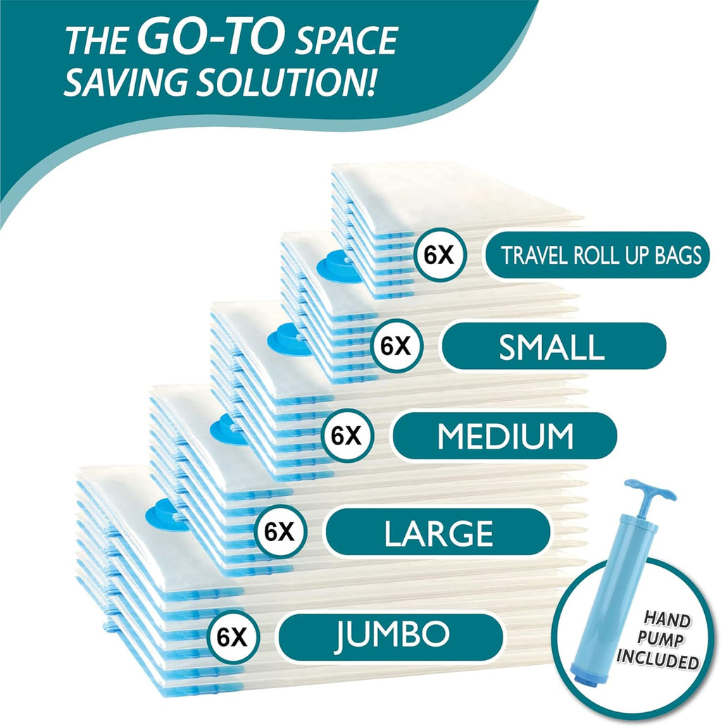 30 Pack Vacuum Storage Bags, Space Saver Vacuum Storage Bags, Vacuum Seal Bags for Clothing, Clothes, Comforters and Blankets, Hand Pump Included