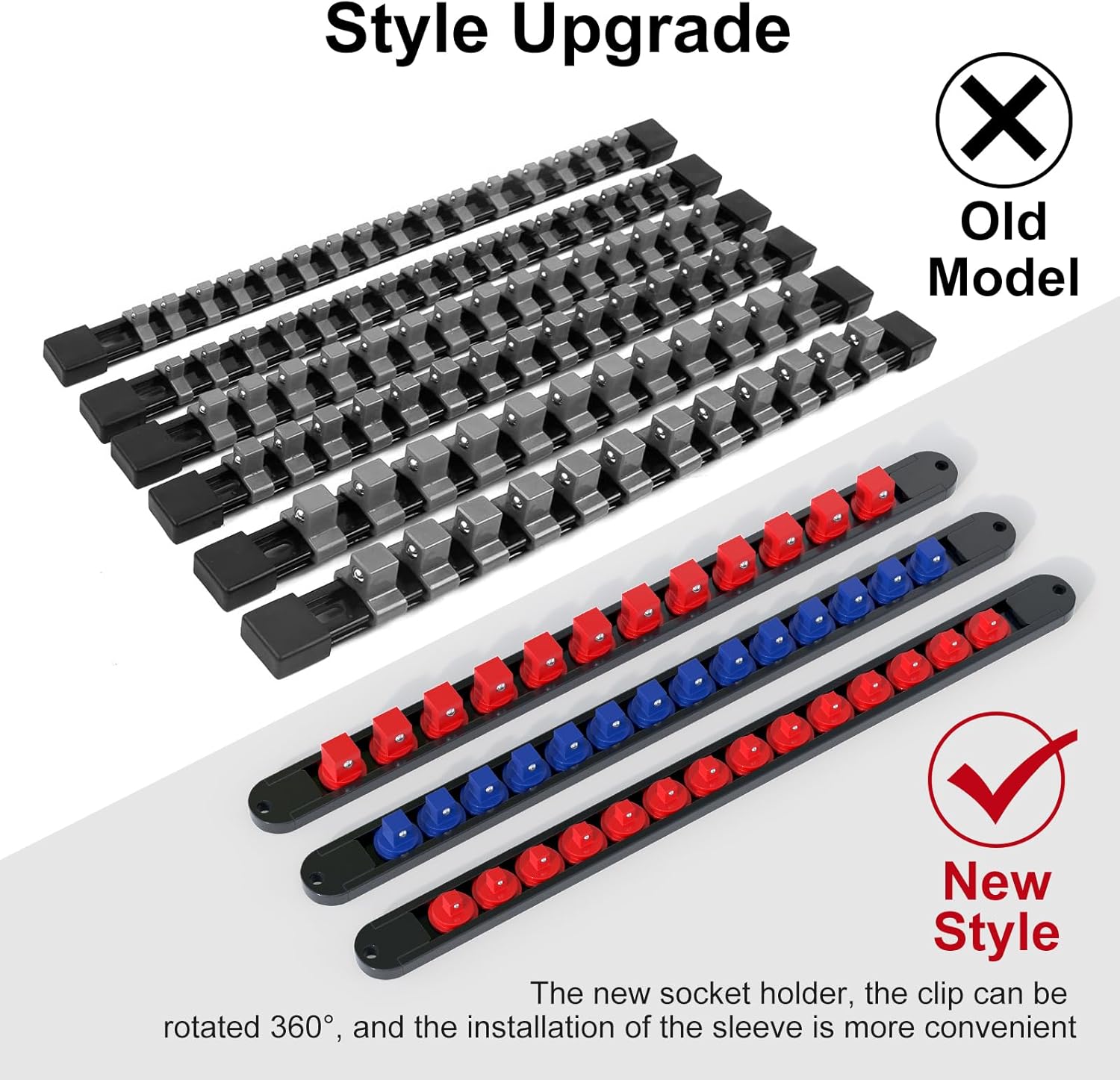 FIVEPEARS 6PCS 360° Socket Organizer Twist Lock,3/8 1/4 1/2 Socket Storage Rails, Premium Quality Socket Holders for Tool Box ，Tool Carts，Contains up to 80 Clips (Blue & Red)