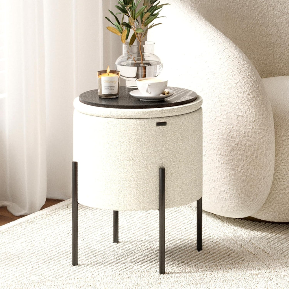 Round Ottoman with Storage, Boucle Storage Ottoman, Foot Stool Ottoman, Makeu...