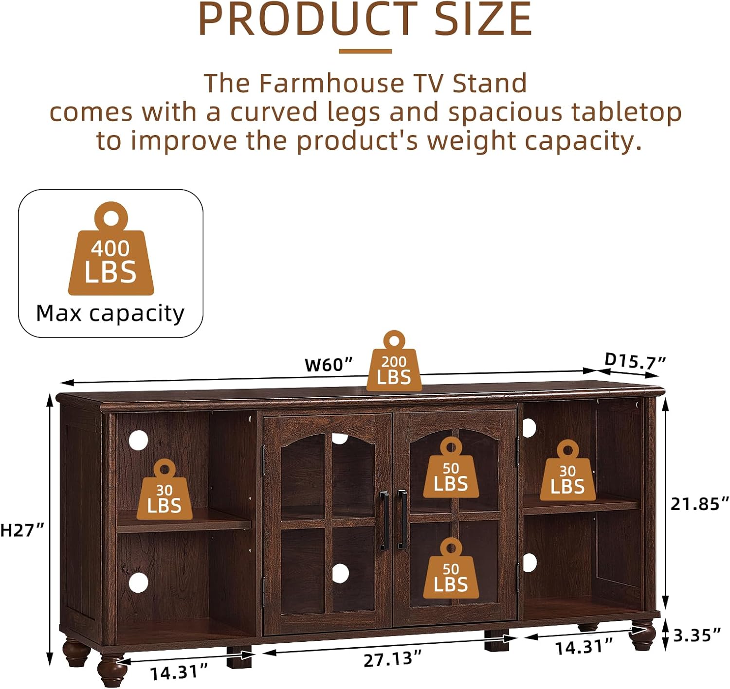 RWYHG Farmhouse TV Stand for 60 in TV, Entertainment Center for Living Room | Adjustable Shelves, Magnetic Glass Door, Sturdy Gourd Base, Wood Grain Top, High Capacity Storage Cabinet, Walnut