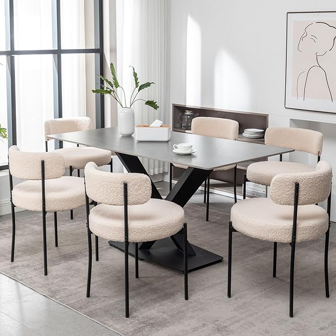 Boucle Dining Chairs Set of 2, Upholstered Dining Room Chairs with Black Meta...