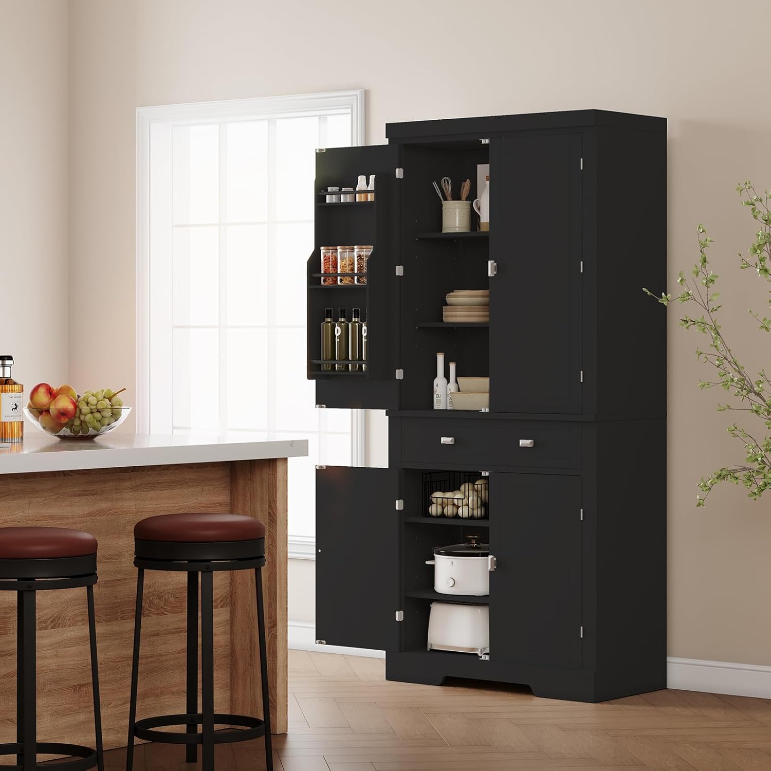 Kitchen Pantry Storage Cabinet, 72 Inches Freestanding Food Pantry Cabinet with Drawer, Modern Wood Cupboard with 6 Door Shelves and 4 Adjustable Shelves for Ding Room, White