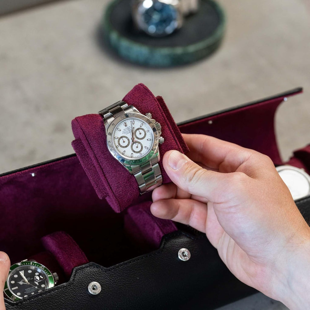 DailyWatch | Watch Roll Travel Case For 4 Watch | Luxury Watch Case In Genuine Black Leather With Soft Velvet Interior | Watch Case Protect, Store, & Display Your Watches | Black Cherry