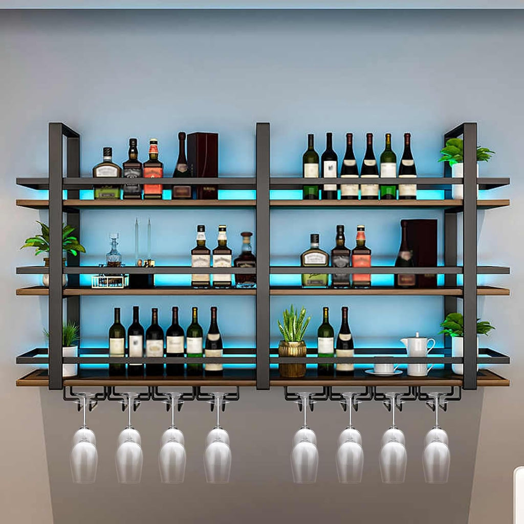 Wall Mounted Wine Rack with LED Light, Metal Liquor Bottles Display Shelf, Floating Shelves Display Storage Organizer, Wall Bar Shelves with Wine Glass Holder for Home Bar Kitchen (black, 39.4in)