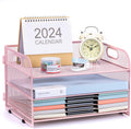 3-Tier Letter Tray Paper Organizer with Handle,Compact Mesh Desk File Organizer for Home Office Supplies Desktop Accessories,Pink