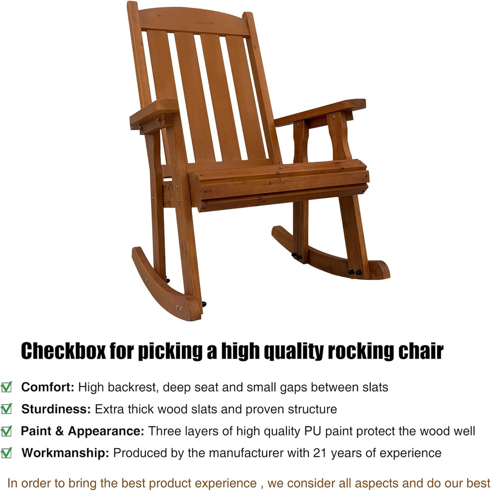 Wooden Patio Rocking Chair with Comfortable Backrest Inclination, High Backre...