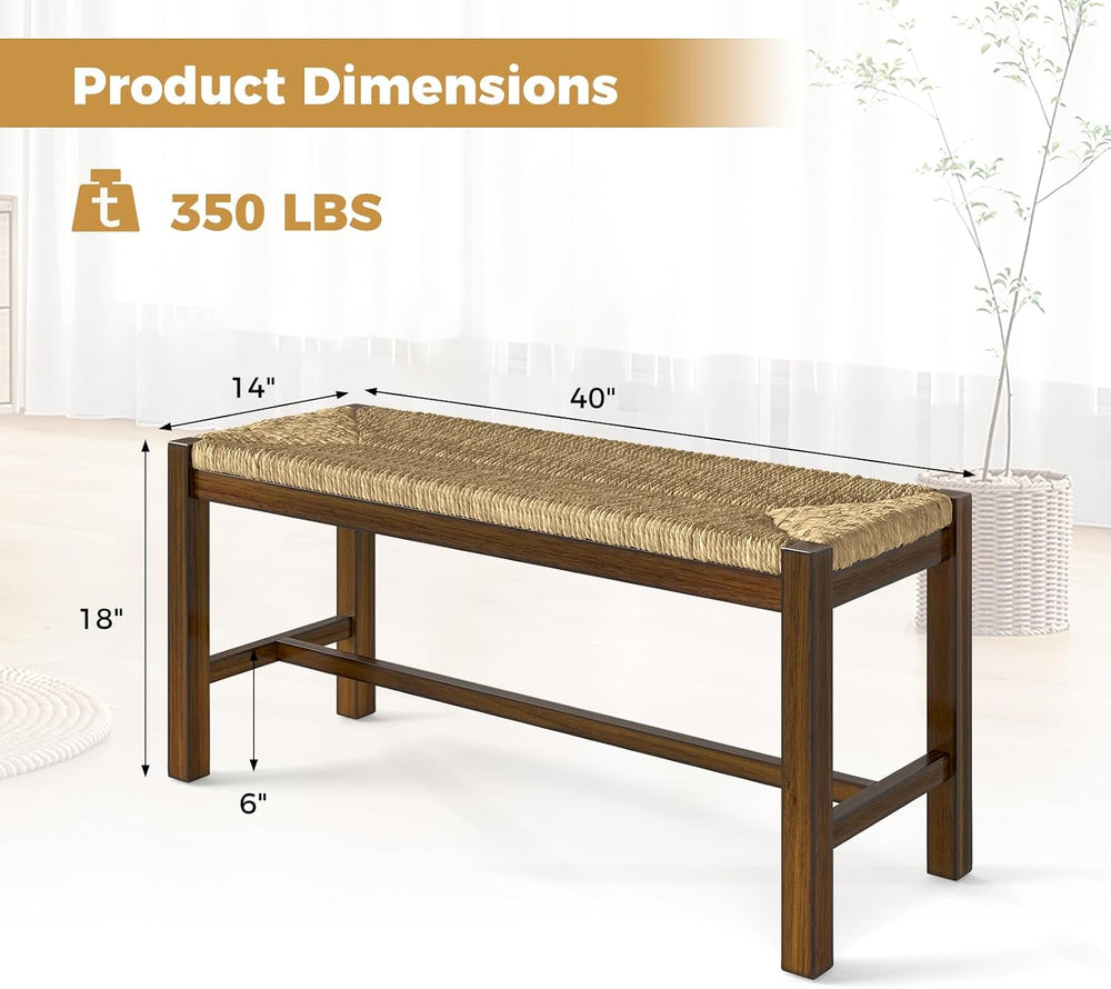 GOFLAME 40” Dining Bench, Farmhouse Boho Entryway Bench with Woven Seagrass S...