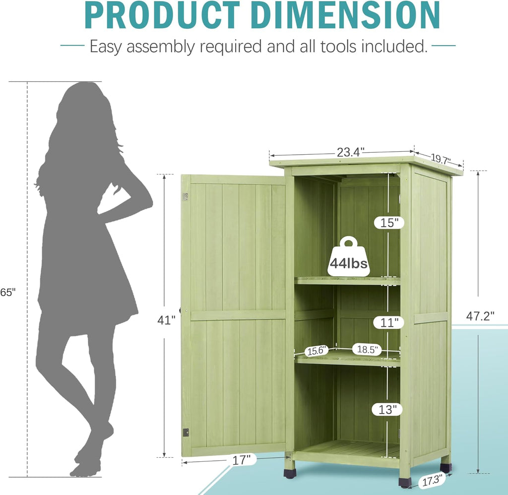 Wooden Outdoor Storage Cabinet, Vertical Garden Tool Shed with Waterproof Metal Roof & 2 Adjustable Shelves Ideal for Yard, Patio, Deck and Porch (Green, 20" x 24" x 48")