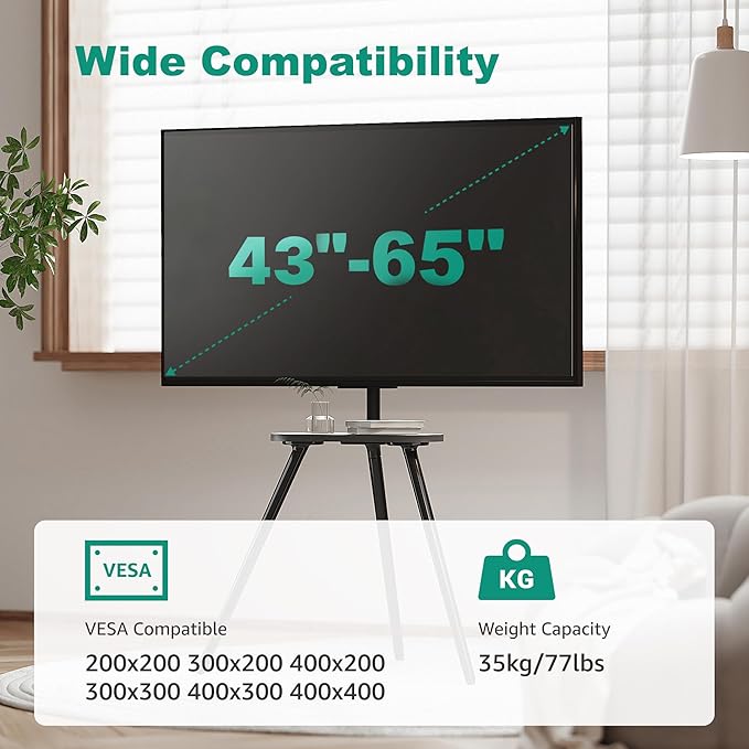 Tripod Easel TV Stand for 43 to 65 Inch LCD Led Screen, Height Adjustable and Swievel TV Stand, Portable TV Floor Stand with Wooden Tray for Bedroom, Living Room, Studio, Metal Black