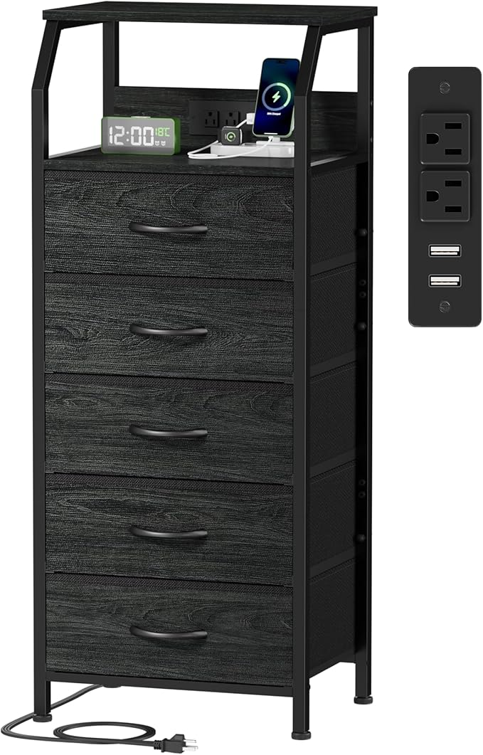 Furnulem 5 Drawers Dresser with Charging Station, Fabric Chest of Drawers wit...