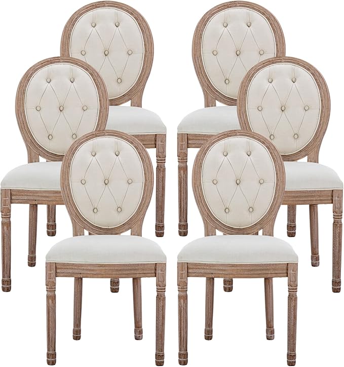 Nrizc French Country Dining Chairs Set of 6, Farmhouse Dining Chair with Round Button Back, Solid Wood Legs, French Dining Chairs for Kitchen/Bedroom/Dining Room