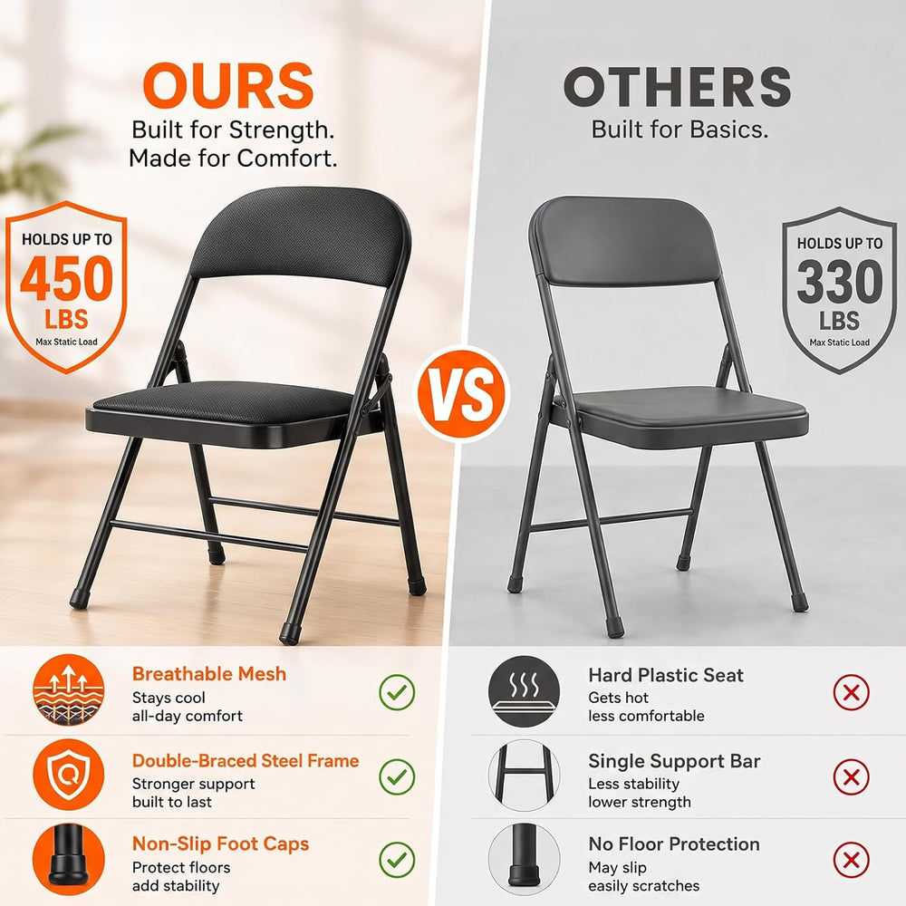 Padded Folding Chairs 10 Pack, 450LBS, Mesh Fabrics Steel Frame, Black