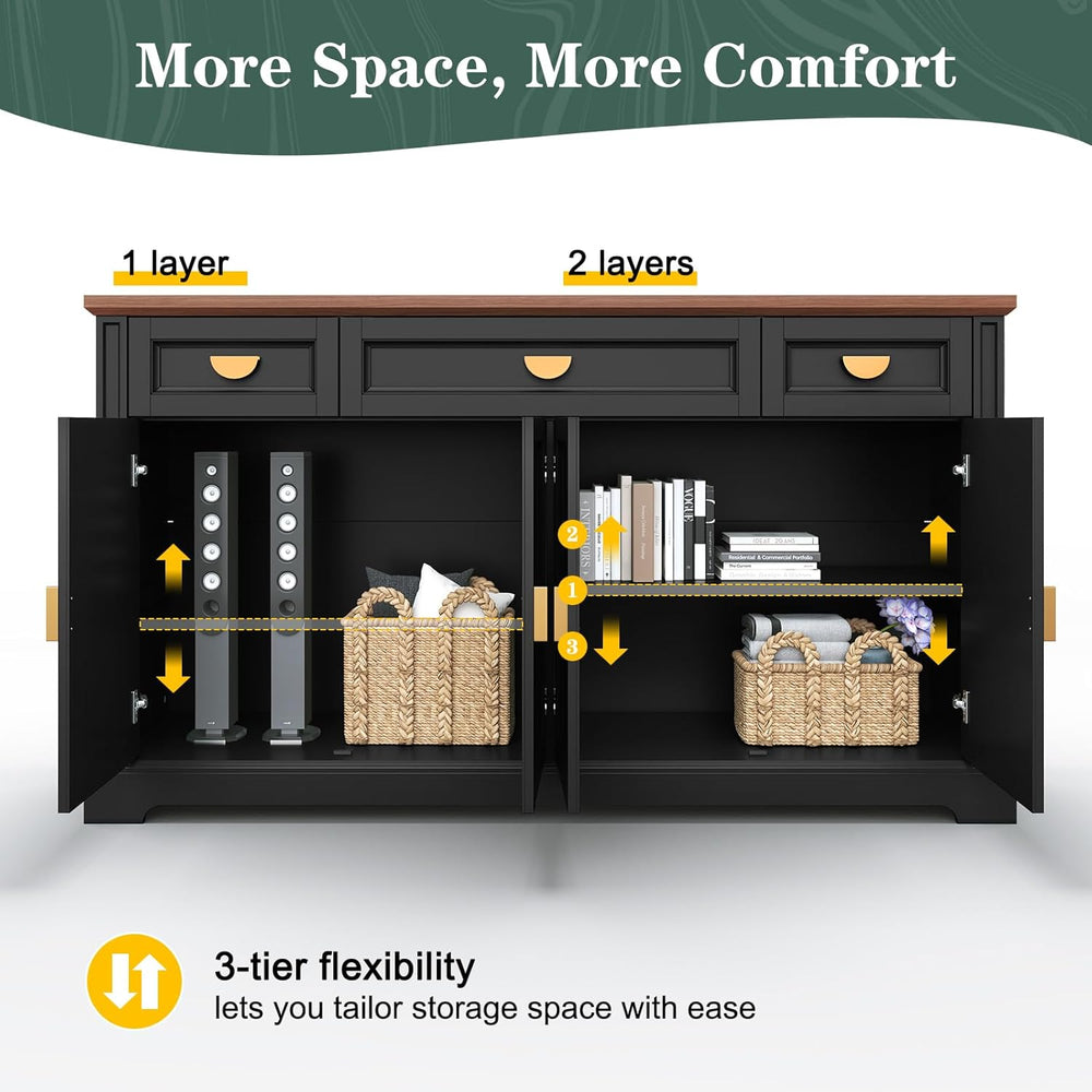 HLR 60” Large Buffet Sideboard Cabinet with 4 Doors and 3 Drawers Shaker Styl...