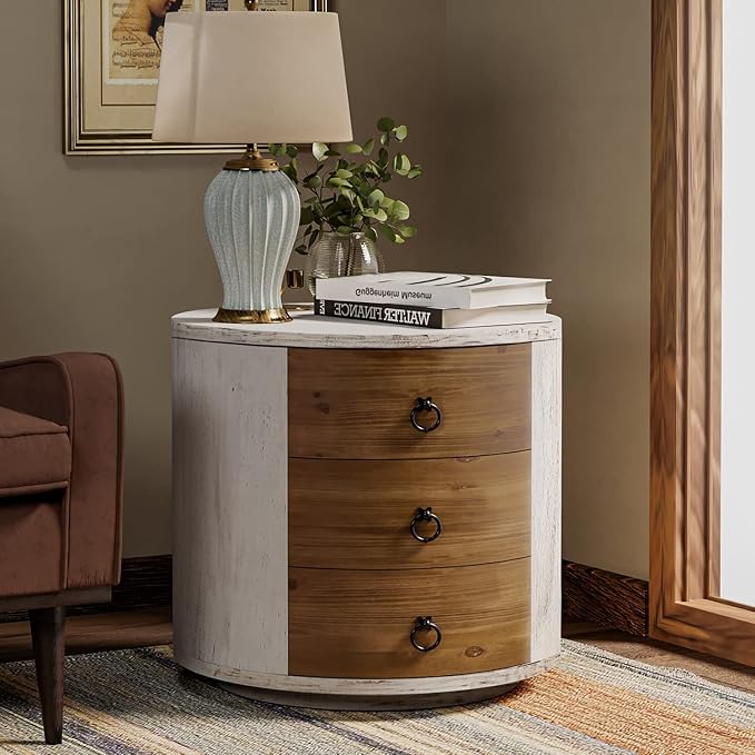 COSIEST 3 Drawer Chest of Drawers, 20 inch MDF Round Storage Cabinet, Retro Whitewash Finish Nightstand, Wood Bedside Table with Drawers for Bedroom Living Room