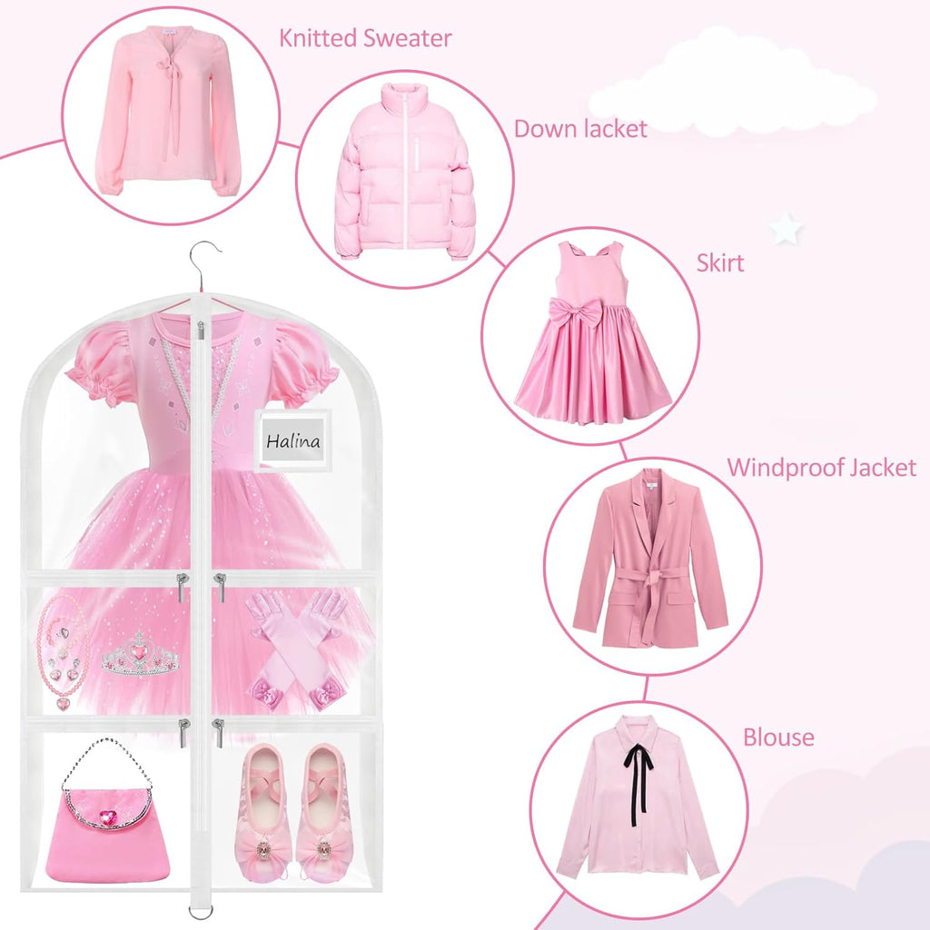 Garment Bags for Dance Costumes - 40 Inch Clear PVC with 5 Zipper Pockets (3 Pack, White) - Kids Dance Garment Bag for Dancers, Hanging Clothes Storage, Competitions & Travel (‎Clear White)