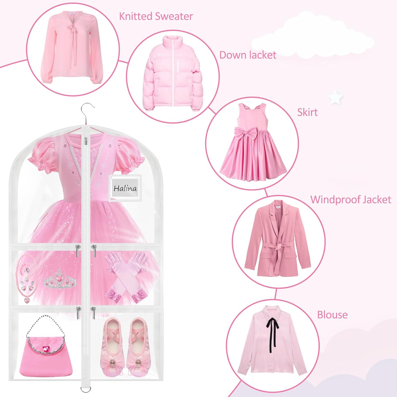 Garment Bags for Dance Costumes - 40 Inch Clear PVC with 5 Zipper Pockets (3 Pack, White) - Kids Dance Garment Bag for Dancers, Hanging Clothes Storage, Competitions & Travel (‎Clear White)