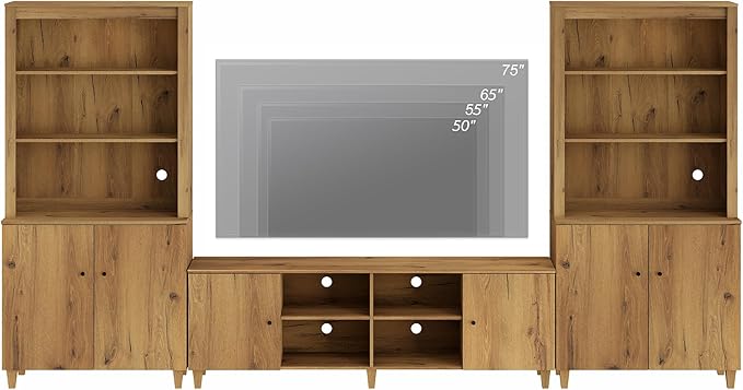 WAMPAT Modern TV Stand and Bookcase Set, Mid-Century Entertainment Center with Bookshelves and Cabinets for 75" TVs, Wood Media TV Console w/Adjustable Shelves for Living Room Bedroom, Oak Brown