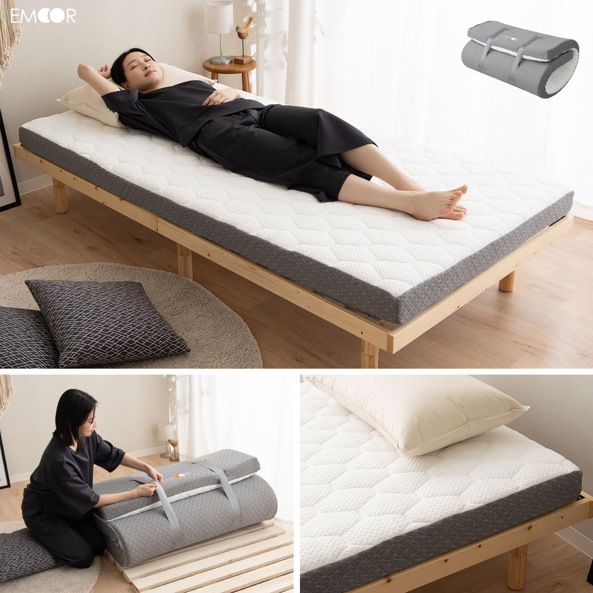 EMOOR Japanese Futon Mattress Roll-Type Relax-2 Twin, High-Resilience Removable & Washable Cover Guest use Tatami Floor Sleeping Space-Saving Minimalist