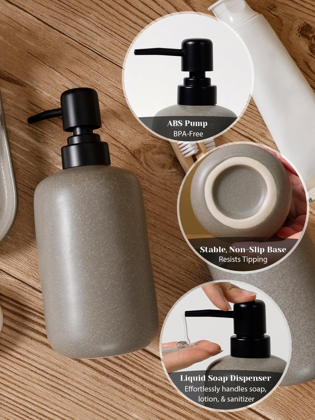 INGOFIN 3 Pcs Ceramic Bathroom Accessory Set - Liquid Soap Dispenser, Toothbrush Holder & Tray, Bathroom Counter Set, Countertop Essentials for Home, Guest Bathroom, or Office Use, Grey