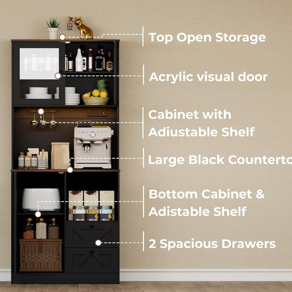 71‘’Kitchen Pantry Storage Cabinet with LED Lights and Power Outlet, Tall Far...