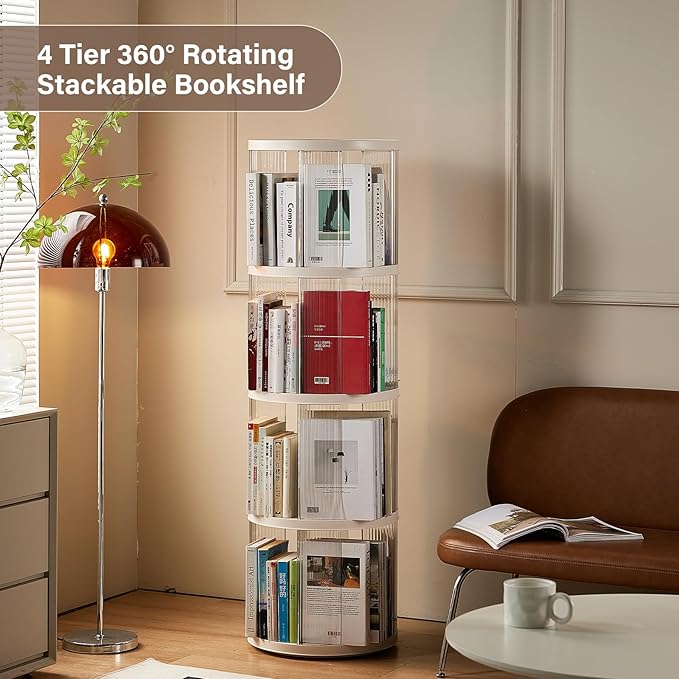4 Tier Rotating Bookshelf, Small Corner Bookshelf for Small Space, 360 Display Floor Standing Bookcase, Plastic Narrow Book Organizer Shelf for Bedroom, Living Room, Round, White, Lazy Susan