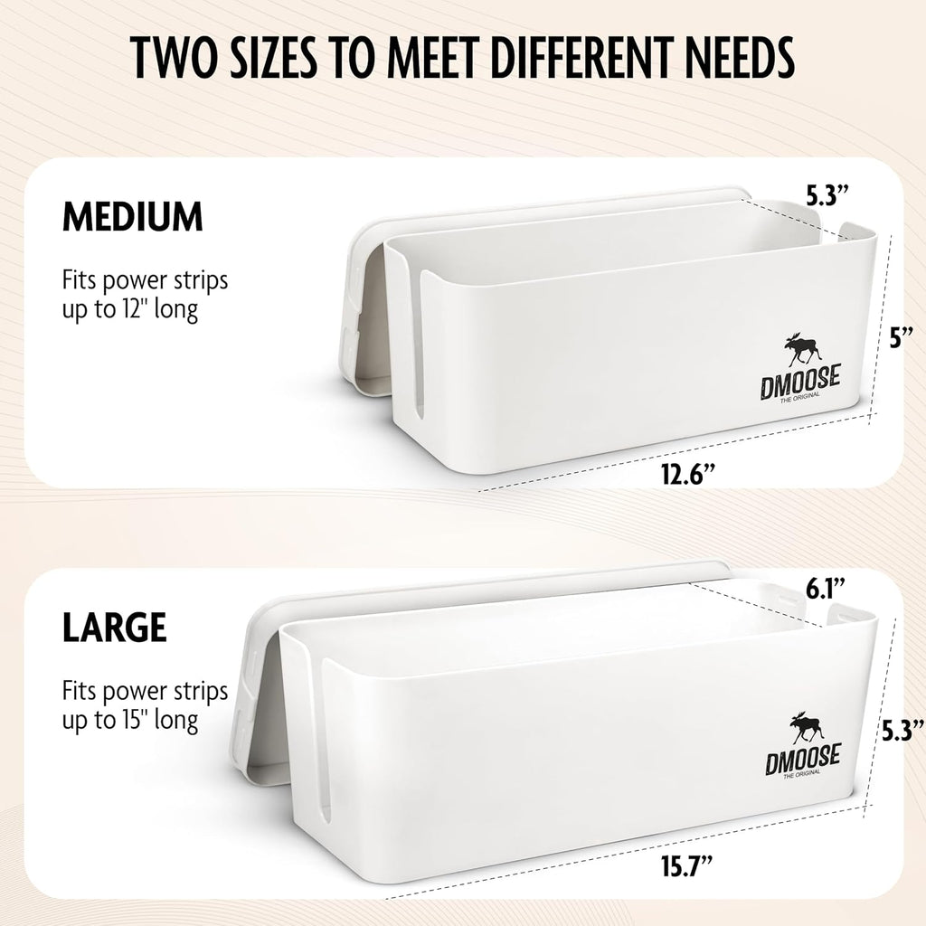 DMoose Cable Management Box - 2 Pack Medium & Large Cord Organizer for Desk & Floor - Cable Organizer Box for Child & Pet - Cable Box Hider for Tidy Office & Home, Power Strip Cover (White, Pack of 2)