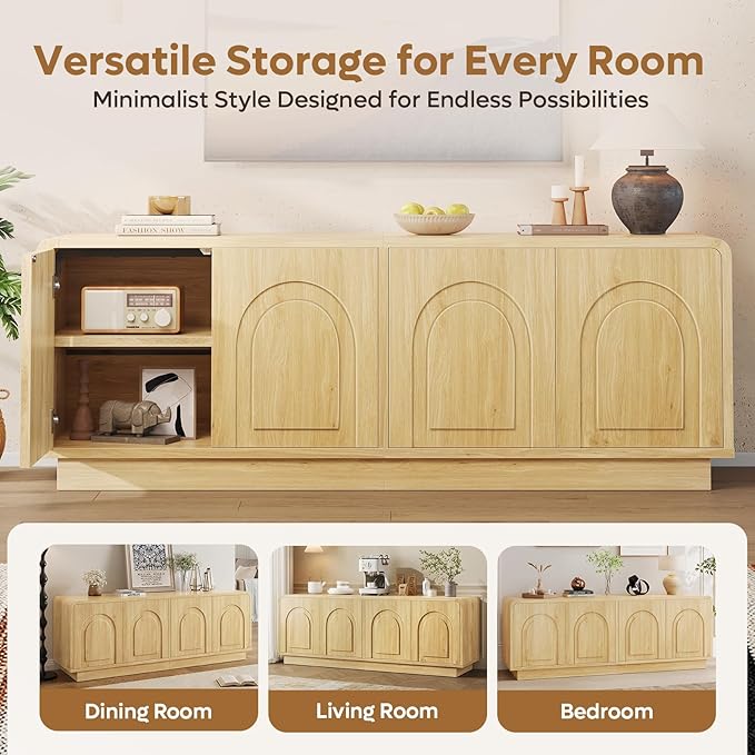 Bestier 63" Mid Century Modern TV Stand for Living Room, Wood Media Console Cabinet for TVs up to 70", Entertainment Center with 4 Arched Doors, Hidden Storage & Adjustable Shelves, Natural Oak